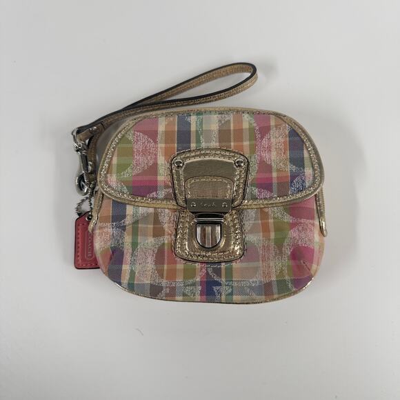 Coach Plaid Multicolor Gold Trim Wristlet Pouch Bag 6x4 Pink Interior - Picture 1 of 5